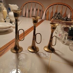 Vintage Brass Horn Candlesticks-set of 3